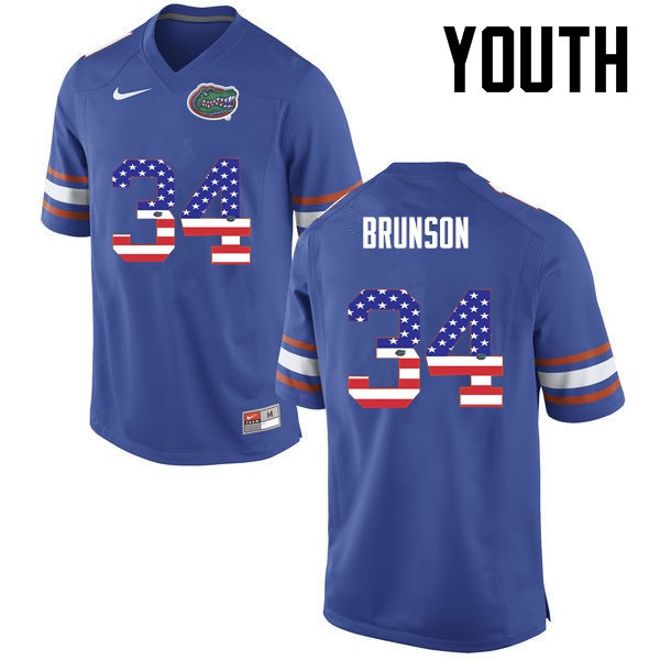 Florida Gators Youth #34 Lacedrick Brunson College Football USA Flag Fashion Blue